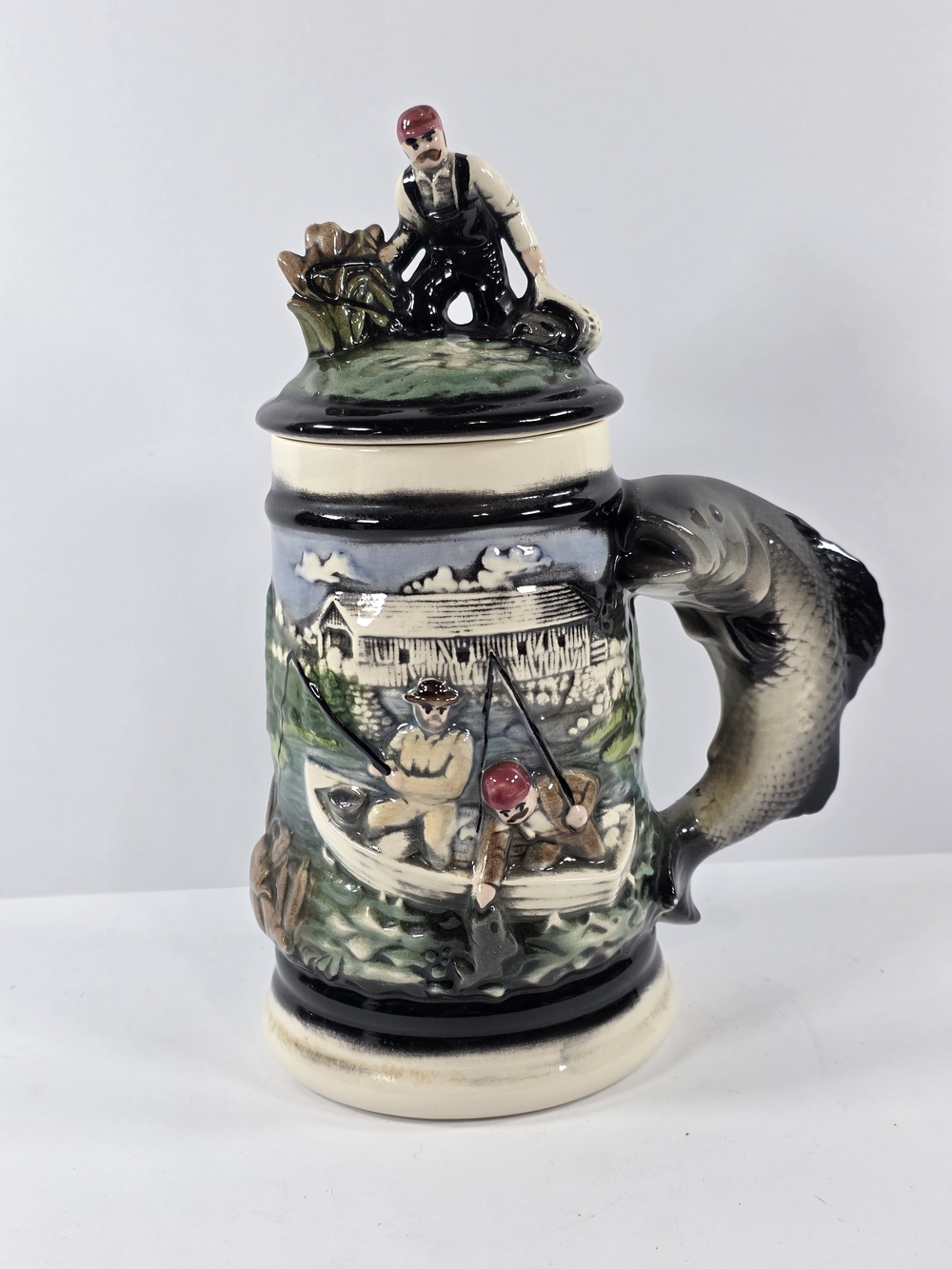 Vintage Mr. Ceramics Hand Painted Lidded Beer Mug Stein Fishermen 10" USA